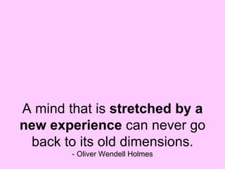 A mind that is  stretched by a new experience  can never go back to its old dimensions. - Oliver Wendell Holmes 
