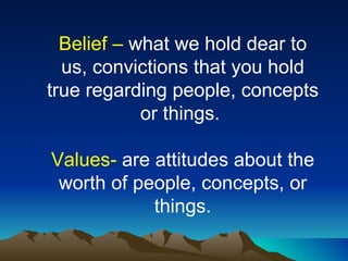 Belief –  what we hold dear to us, convictions that you hold true regarding people, concepts or things.  Values-  are attitudes about the worth of people, concepts, or things. 
