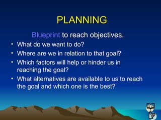 PLANNING Blueprint  to reach objectives. What do we want to do? Where are we in relation to that goal? Which factors will help or hinder us in reaching the goal? What alternatives are available to us to reach the goal and which one is the best? 
