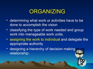 ORGANIZING determining what work or activities have to be done to accomplish the vision classifying the type of work needed and group work into manageable work units. assigning the work to individual  and delegate the appropriate authority designing a hierarchy of decision making relationship. 