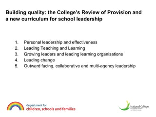 Building quality: the College’s Review of Provision and a new curriculum for school leadership   Personal leadership and effectiveness Leading Teaching and Learning  Growing leaders and leading learning organisations Leading change Outward facing, collaborative and multi-agency leadership 