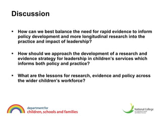 Discussion  How can we best balance the need for rapid evidence to inform policy development and more longitudinal research into the practice and impact of leadership?  How should we approach the development of a research and evidence strategy for leadership in children’s services which informs both policy and practice? What are the lessons for research, evidence and policy across the wider children’s workforce?  