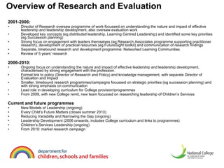 Overview of Research and Evaluation  2001-2006:  Director of Research oversaw programme of work focussed on understanding the nature and impact of effective leadership and leadership development, also oversaw evaluation work Developed key concepts (eg distributed leadership, Learning Centred Leadership) and identified some key priorities (eg Succession planning)  Strong focus on engagement with leaders themselves (eg Research Associates programme supporting practitioner research), development of practical resources (eg FutureSight toolkit) and communication of research findings  Separate, timebound research and development programme: Networked Learning Communities  Review of 5 years’ research  2006-2010: Ongoing focus on understanding the nature and impact of effective leadership and leadership development, characterised by strong engagement with the profession. Formal link to policy (Director of Research and Policy) and knowledge management, with separate Director of Evaluation and Impact  Smaller, timebound research programmes/campaigns focussed on strategic priorities (eg succession planning) and with strong emphasis on communication Lead role in developing curriculum for College provision/programmes  From 2009, with new College remit, new team focussed on researching leadership of Children’s Services Current and future programmes  New Models of Leadership (ongoing) Every Child’s Future Matters (closes summer 2010) Reducing Variability and Narrowing the Gap (ongoing) Leadership Development (2006 onwards, includes College curriculum and links to programmes) Children’s Services Leadership   (ongoing) From 2010: market research campaign  