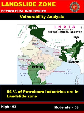 Vulnerability Analysis
PETROLEUM INDUSTRIES
LANDSLIDE ZONE
High - 03 Moderate - 09
High
Moderate
High
Moderate
54 % of Petroleum Industries are in
Landslide zone
 