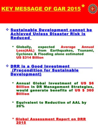 KEY MESSAGE OF GAR 2015*
 Sustainable Development cannot be
Achieved Unless Disaster Risk is
Reduced
 Globally, expected Average Annual
Loss(AAL) from Earthquakes, Tsunami,
Cyclones & Flooding alone estimated
US $314 Billion
 DRR is a Good Investment
(Precondition for Sustainable
Development)
 Annual Global Investment of US $6
Billion in DR Management Strategies,
would generate benefits of US $ 360
Billion
 Equivalent to Reduction of AAL by
20%
* Global Assessment Report on DRR
2015
 