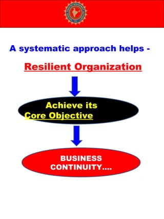 Achieve its
Core Objective
A systematic approach helps -
Resilient Organization
BUSINESS
CONTINUITY….
 