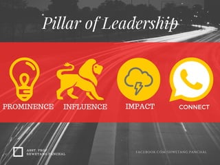 PROMINENCE IMPACT
ASST. PROF
SHWETANG PANCHAL
FACEBOOK.COM/SHWETANG.PANCHAL
CONNECT
Pillar of Leadership
INFLUENCE
 
