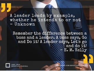 A leader leads by example,
whether he intends to or not
- Unknown
ASST. PROF
SHWETANG PANCHAL
FACEBOOK.COM/SHWETANG.PANCHAL
Remember the difference between a
boss and a leader. A boss says, Go
and Do it! A leader says, Let's go
and do it!
- E. M. Kelly
 