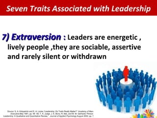 Seven Traits Associated with Leadership 7 ) Extraversion  :  Leaders are energetic ,  lively people ,they are sociable, assertive  and rarely silent or withdrawn  Source:  S. A. Kirkpatrick and E. A. Locke,  “ Leadership: Do Traits Really Matter? ”   Academy of Management Executive,  May 1991, pp. 48 – 60; T. A. Judge, J. E. Bono, R. llies, and M. W. Gerhardt,  “ Personality and Leadership: A Qualitative and Quantitative Review, ”   Journal of Applied Psychology,  August 2002, pp. 765 – 780. 