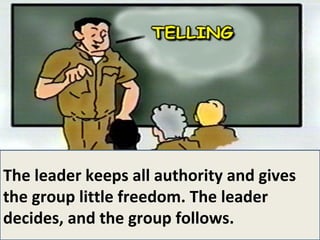 The leader keeps all authority and gives  the group little freedom. The leader  decides, and the group follows. 