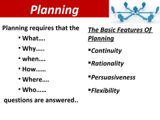 Planning Planning requires that the What…. Why….. when…. How……  Where…. Who…… questions are answered.. The Basic Features Of  Planning Continuity Rationality Persuasiveness Flexibility 