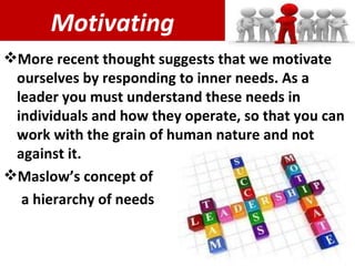 Motivating More recent thought suggests that we motivate ourselves by responding to inner needs. As a leader you must understand these needs in individuals and how they operate, so that you can work with the grain of human nature and not against it. Maslow’s concept of  a hierarchy of needs 