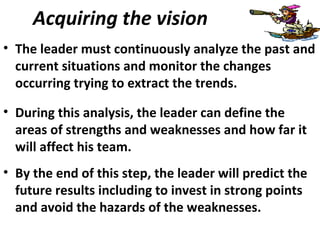 Acquiring the vision The leader must continuously analyze the past and current situations and monitor the changes occurring trying to extract the trends.  During this analysis, the leader can define the areas of strengths and weaknesses and how far it will affect his team.  By the end of this step, the leader will predict the future results including to invest in strong points and avoid the hazards of the weaknesses. 