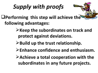 Supply with proofs Performing  this step will achieve the following advantages: Keep the subordinates on track and protect against deviations. Build up the trust relationship. Enhance confidence and enthusiasm. Achieve a total cooperation with the subordinates in any future projects. 