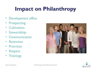 Impact on Philanthropy
•    Development office
•    Prospecting
•    Cultivation
•    Stewardship
•    Communication
•    ...