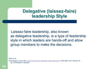 Delegative (laissez-faire)
leadership Style
Laissez-faire leadership, also known
as delegative leadership, is a type of leadership
style in which leaders are hands-off and allow
group members to make the decisions.
Allow to do
Anbazhagan S, Kotur BR. Worker productivity, leadership style relationship. IOSR-JBM. 2014;16(8):62-70.
doi:10.9790/487x-16846270
14
 