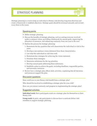 Strategic Planning

Strategic planning is a tool to help an individual or Rotary club develop long-term direction and
create a framework to establish objectives. Strategic goals should be reviewed annually and revised
every three to five years.



               Speaking points
               •	 Define strategic planning.
               •	 Discuss the benefits of strategic planning, such as uniting everyone involved
                  under a common vision, providing a framework for annual goals, improving the
                  allocation of resources, and enhancing continuity from one year to the next.
               •	 Outline the process for strategic planning:
                  1.	 Brainstorm the key qualities that will characterize the individual or club in five
                      years.
                  2.	 Develop a one-sentence vision statement from those characteristics.
                  3.	 List what the individual or club does well.
                  4.	 Brainstorm key strategies for achieving the vision statement.
                  5.	 Prioritize those strategies.
                  6.	 Determine milestones for the top priorities.
                  7.	 Develop annual goals addressing those milestones.
                  8.	 Establish a plan to achieve the goals, including deadlines, responsible parties,
                      and necessary resources.
               •	 Review how a strategic plan affects daily activities, explaining that all decisions
                  and resources support the plan.

               Discussion questions
               How could you or your Rotary club benefit from a strategic plan?
               Who should be involved in establishing a strategic plan for your club?
               How can you ensure continuity and progress in implementing the strategic plan?

               Suggested activities
               Individual work: Have participants work on a strategic plan for themselves or their
               Rotary club.
               Group work: In pairs, ask participants to discuss how to motivate fellow club
               members to support strategic planning.




                                                                 Y o u r G u i d e T o S ta r t i n g A P r o g r a m   9
 