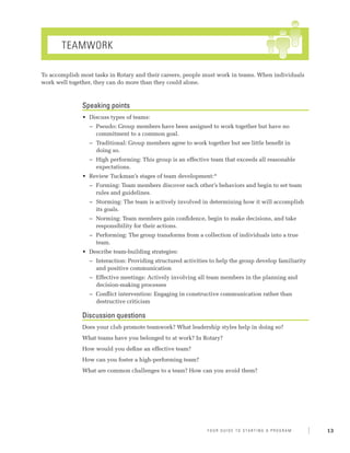 Teamwork

To accomplish most tasks in Rotary and their careers, people must work in teams. When individuals
work well together, they can do more than they could alone.



               Speaking points
               •	 Discuss types of teams:
                 −− Pseudo: Group members have been assigned to work together but have no
                    commitment to a common goal.
                 −− Traditional: Group members agree to work together but see little benefit in
                    doing so.
                 −− High performing: This group is an effective team that exceeds all reasonable
                    expectations.
               •	 Review Tuckman’s stages of team development:*
                 −− Forming: Team members discover each other’s behaviors and begin to set team
                    rules and guidelines.
                 −− Storming: The team is actively involved in determining how it will accomplish
                    its goals.
                 −− Norming: Team members gain confidence, begin to make decisions, and take
                    responsibility for their actions.
                 −− Performing: The group transforms from a collection of individuals into a true
                    team.
               •	 Describe team-building strategies:
                 −− Interaction: Providing structured activities to help the group develop familiarity
                    and positive communication
                 −− Effective meetings: Actively involving all team members in the planning and
                    decision-making processes
                 −− Conflict intervention: Engaging in constructive communication rather than
                    destructive criticism

               Discussion questions
               Does your club promote teamwork? What leadership styles help in doing so?
               What teams have you belonged to at work? In Rotary?
               How would you define an effective team?
               How can you foster a high-performing team?
               What are common challenges to a team? How can you avoid them?




                                                               Y o u r G u i d e T o S ta r t i n g A P r o g r a m   13
 