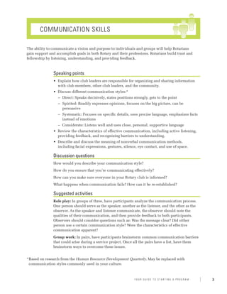 Communication Skills

The ability to communicate a vision and purpose to individuals and groups will help Rotarians
gain support and accomplish goals in both Rotary and their professions. Rotarians build trust and
fellowship by listening, understanding, and providing feedback.



               Speaking points
               •	 Explain how club leaders are responsible for organizing and sharing information
                  with club members, other club leaders, and the community.
               •	 Discuss different communication styles:*
                  −− Direct: Speaks decisively, states positions strongly, gets to the point
                  −− Spirited: Readily expresses opinions, focuses on the big picture, can be
                     persuasive
                  −− Systematic: Focuses on specific details, uses precise language, emphasizes facts
                     instead of emotions
                  −− Considerate: Listens well and uses close, personal, supportive language
               •	 Review the characteristics of effective communication, including active listening,
                  providing feedback, and recognizing barriers to understanding.
               •	 Describe and discuss the meaning of nonverbal communication methods,
                  including facial expressions, gestures, silence, eye contact, and use of space.

               Discussion questions
               How would you describe your communication style?
               How do you ensure that you’re communicating effectively?
               How can you make sure everyone in your Rotary club is informed?
               What happens when communication fails? How can it be re-established?

               Suggested activities
               Role play: In groups of three, have participants analyze the communication process.
               One person should serve as the speaker, another as the listener, and the other as the
               observer. As the speaker and listener communicate, the observer should note the
               qualities of their communication, and then provide feedback to both participants.
               Observers should consider questions such as: Was the message clear? Did either
               person use a certain communication style? Were the characteristics of effective
               communication apparent?
               Group work: In pairs, have participants brainstorm common communication barriers
               that could arise during a service project. Once all the pairs have a list, have them
               brainstorm ways to overcome these issues.


* ased on research from the Human Resource Development Quarterly. May be replaced with
 B
 communication styles commonly used in your culture.



                                                                 Y o u r G u i d e T o S ta r t i n g A P r o g r a m   3
 