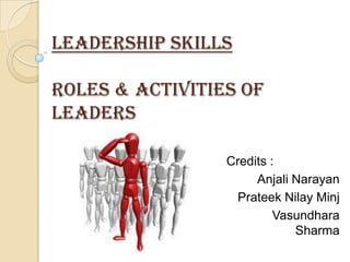 Leadership skills

Roles & activities of
leaders

                 Credits :
                      Anjali Narayan
                   Prateek Nilay Minj
                          Vasundhara
                             Sharma
 