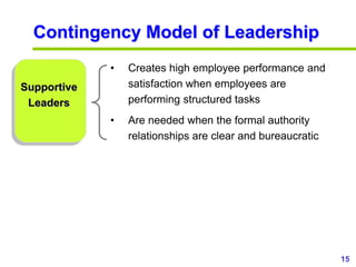 15www.exploreHR.org
Contingency Model of Leadership
• Creates high employee performance and
satisfaction when employees ar...