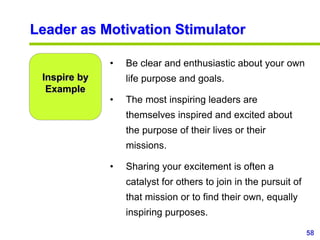 58www.exploreHR.org
Leader as Motivation Stimulator
Inspire by
Example
• Be clear and enthusiastic about your own
life pur...