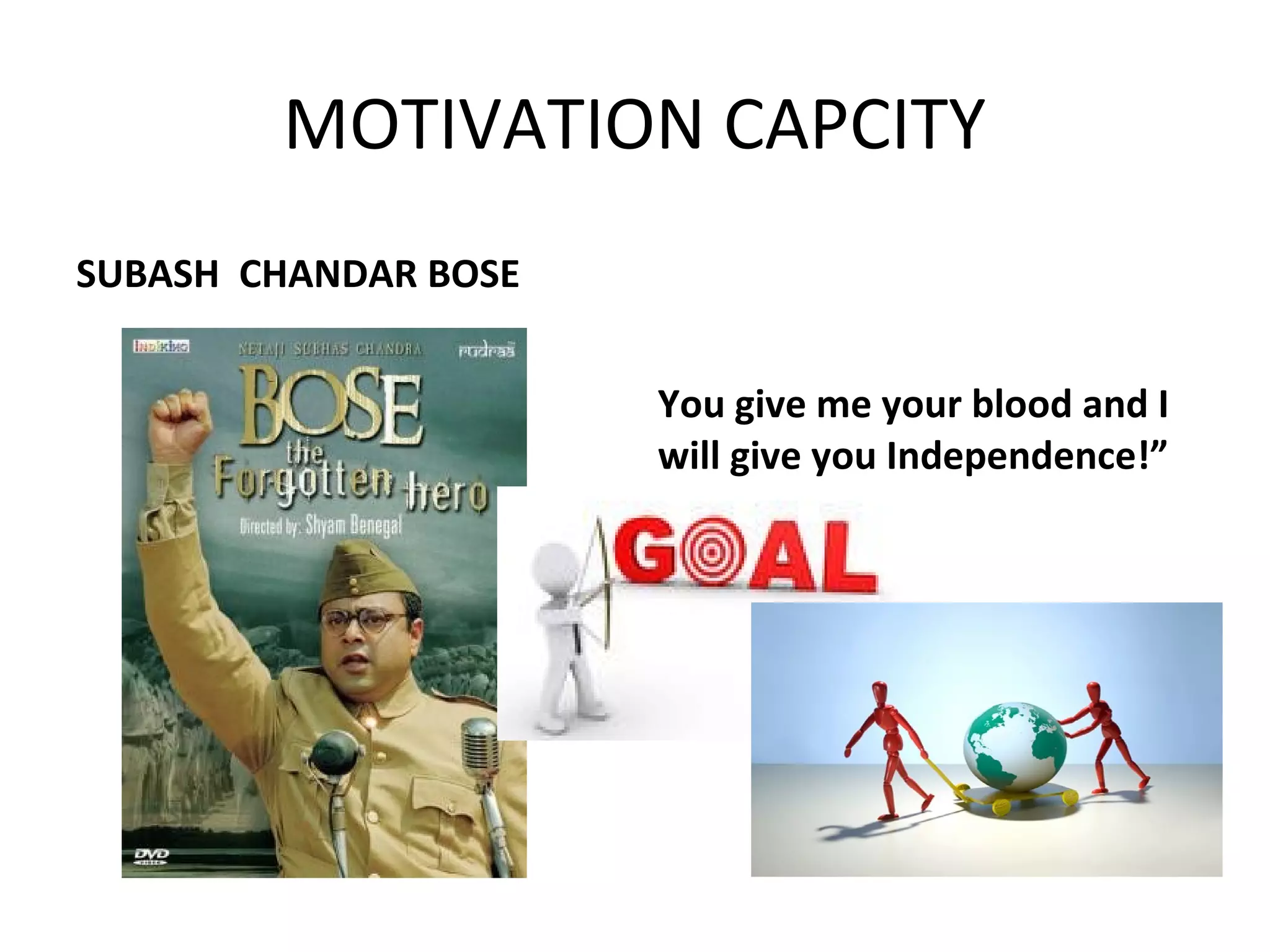 MOTIVATION CAPCITY 
SUBASH CHANDAR BOSE 
You give me your blood and I 
will give you Independence!” 
 