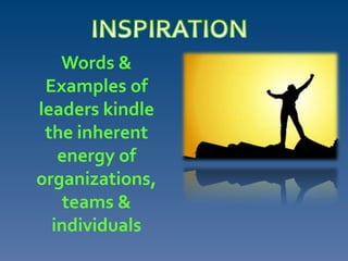 Words &
Examples of
leaders kindle
the inherent
energy of
organizations,
teams &
individuals
 