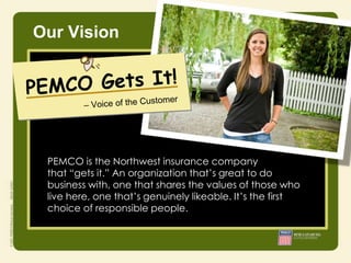 Our Vision




                  • Integrity
 PEMCO is the Northwest insurance company
                  • Responsibility
 that “gets it.” An organization that’s great to do
                  • Courage
 business with, one that shares the values of those who
 live here, one that’s genuinely likeable. It’s the first
 choice of responsible people.
 