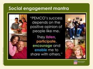 Social engagement mantra

        “PEMCO’s success
         depends on the
        positive opinion of
         people like me.
               They listen,
               participate,
        • Integrity
        • Responsibility
           encourage and
        • Courage
             enable me to
        share with others.”
 