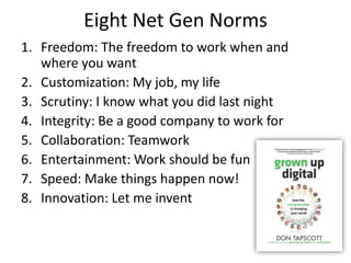 Eight Net Gen Norms<br />Freedom: The freedom to work when and where you want<br />Customization: My job, my life<br />Scr...