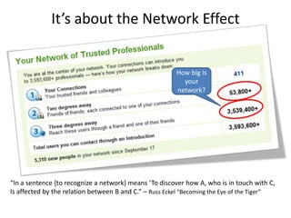 It’s about the Network Effect<br />How big is your network?<br />“In a sentence {to recognize a network} means ‘To discove...
