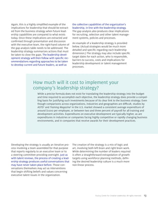 ©2014 Center for Creative Leadership. All rights reserved. 13
Again, this is a highly simplified example of the
implications for leadership that should be extract-
ed from the business strategy when future lead-
ership capabilities are compared to what exists
today. Once these implications are extracted and
confirmed through presentation and discussion
with the executive team, the right-hand column of
the gap analysis table needs to be addressed. The
leadership strategy summarizes actions that must
be taken to close the gaps. The leadership devel-
opment strategy will then follow with specific rec-
ommendations regarding approaches to be taken
to develop current and future leaders, as well as
the collective capabilities of the organization’s
leadership, in line with the leadership strategy.
The gap analysis also produces clear implications
for recruiting, selection and other talent manage-
ment systems, policies and processes.
An example of a leadership strategy is provided
below. (Actual strategies would be much more
detailed and specific regarding each leadership
dimension.) The strategy may also include specific
target dates for each action, who is responsible,
barriers to success, costs and implications for
leadership development or talent management
processes.
Developing the strategy is usually an iterative pro-
cess involving a team assembled for that purpose
that reports regularly to an executive team or to
a steering committee providing oversight. Just as
with talent reviews, the process of creating a lead-
ership strategy produces useful conversations that
may have never taken place before. Those con-
versations themselves may act as interventions
that begin shifting beliefs and values concerning
executive talent issues in the organization.
The creation of the strategy is a mix of logic and
art, involving both left brain and right brain work.
While determining the number of leaders required
is often a straightforward extrapolation of growth
targets using workforce planning methods, defin-
ing the desired leadership culture is a much more
non-linear process.
How much will it cost to implement your
company’s leadership strategy?
While a precise formula does not exist for translating the leadership strategy into the budget
and time required to accomplish each objective, the leadership strategy does provide a compel-
ling basis for justifying such investments because of its clear link to the business strategy. Even
though comparisons across organizations, industries and geographies are difficult, studies by
ASTD2
and Training Magazine3
in the U.S. market showed a consistent average expenditure of
around $1200 per employee, or between two and three percent of payroll for all training and
development activities. Expenditures on executive development are typically higher, as are
expenditures in industries or companies facing highly competitive or rapidly changing business
environments, and in companies that receive awards for their development practices.
 