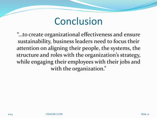 Conclusion 
“…to create organizational effectiveness and ensure 
sustainability, business leaders need to focus their 
attention on aligning their people, the systems, the 
structure and roles with the organization’s strategy, 
while engaging their employees with their jobs and 
with the organization.” 
2014 OYAGSB UUM Slide 21 
