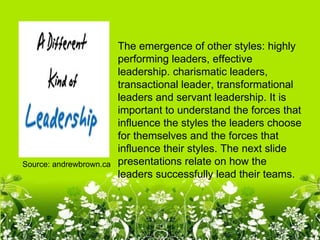 The emergence of other styles: highly
                         performing leaders, effective
                         leadership. charismatic leaders,
                         transactional leader, transformational
                         leaders and servant leadership. It is
                         important to understand the forces that
                         influence the styles the leaders choose
                         for themselves and the forces that
                         influence their styles. The next slide
Source: andrewbrown.ca   presentations relate on how the
                         leaders successfully lead their teams.
 