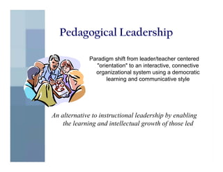 Pedagogical Leadership

              Paradigm shift from leader/teacher centered
                 "orientation" to an interactive, connective
                organizational system using a democratic
                     learning and communicative style




An alternative to instructional leadership by enabling
    the learning and intellectual growth of those led
 