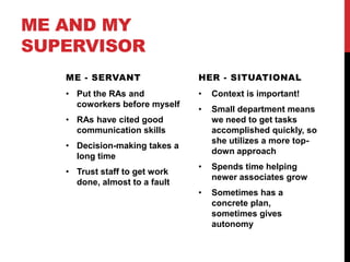 ME AND MY
SUPERVISOR
ME - SERVANT
• Put the RAs and
coworkers before myself
• RAs have cited good
communication skills
• Decision-making takes a
long time
• Trust staff to get work
done, almost to a fault
HER - SITUATIONAL
• Context is important!
• Small department means
we need to get tasks
accomplished quickly, so
she utilizes a more top-
down approach
• Spends time helping
newer associates grow
• Sometimes has a
concrete plan,
sometimes gives
autonomy
 