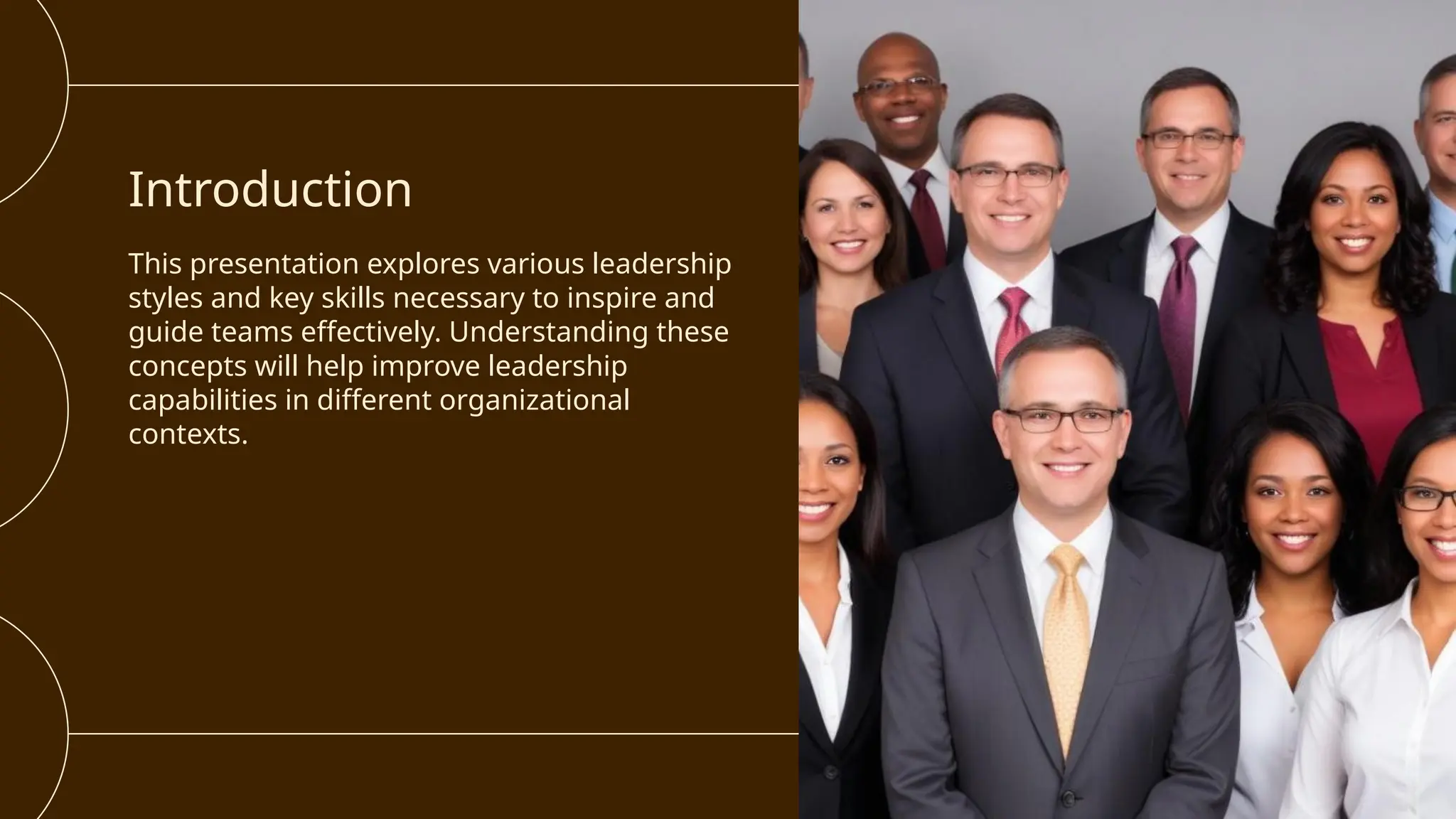 Introduction
This presentation explores various leadership
styles and key skills necessary to inspire and
guide teams effectively. Understanding these
concepts will help improve leadership
capabilities in different organizational
contexts.
 