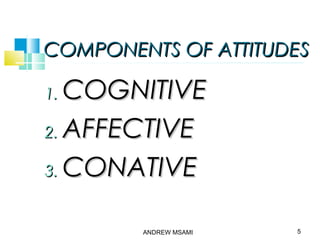 COMPONENTS OF ATTITUDESCOMPONENTS OF ATTITUDES
1.1. COGNITIVECOGNITIVE
2.2. AFFECTIVEAFFECTIVE
3.3. CONATIVECONATIVE
5ANDREW MSAMI
 