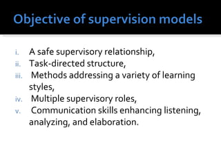 A safe supervisory relationship,  Task-directed structure, Methods addressing a variety of learning styles, Multiple supervisory roles, Communication skills enhancing listening, analyzing, and elaboration.  