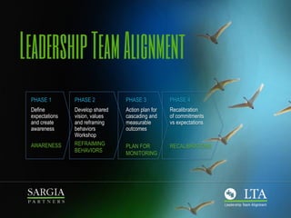 Phase I
Define expectations
and create awareness
1
• Brief from Sponsor – define expectations and business needs
2
• Lead facilitator presents the program to the Leadership Team and confirm expectations
3
• Initiate and complete two online assessments:
Alpha Assessment
Team Emotional & Social Intelligence (TESI®)
4
• Coaches/Facilitators conduct a Personal Awareness session with each executive
5
• Lead Coach/Facilitator conducts program alignment session with Sponsor
 