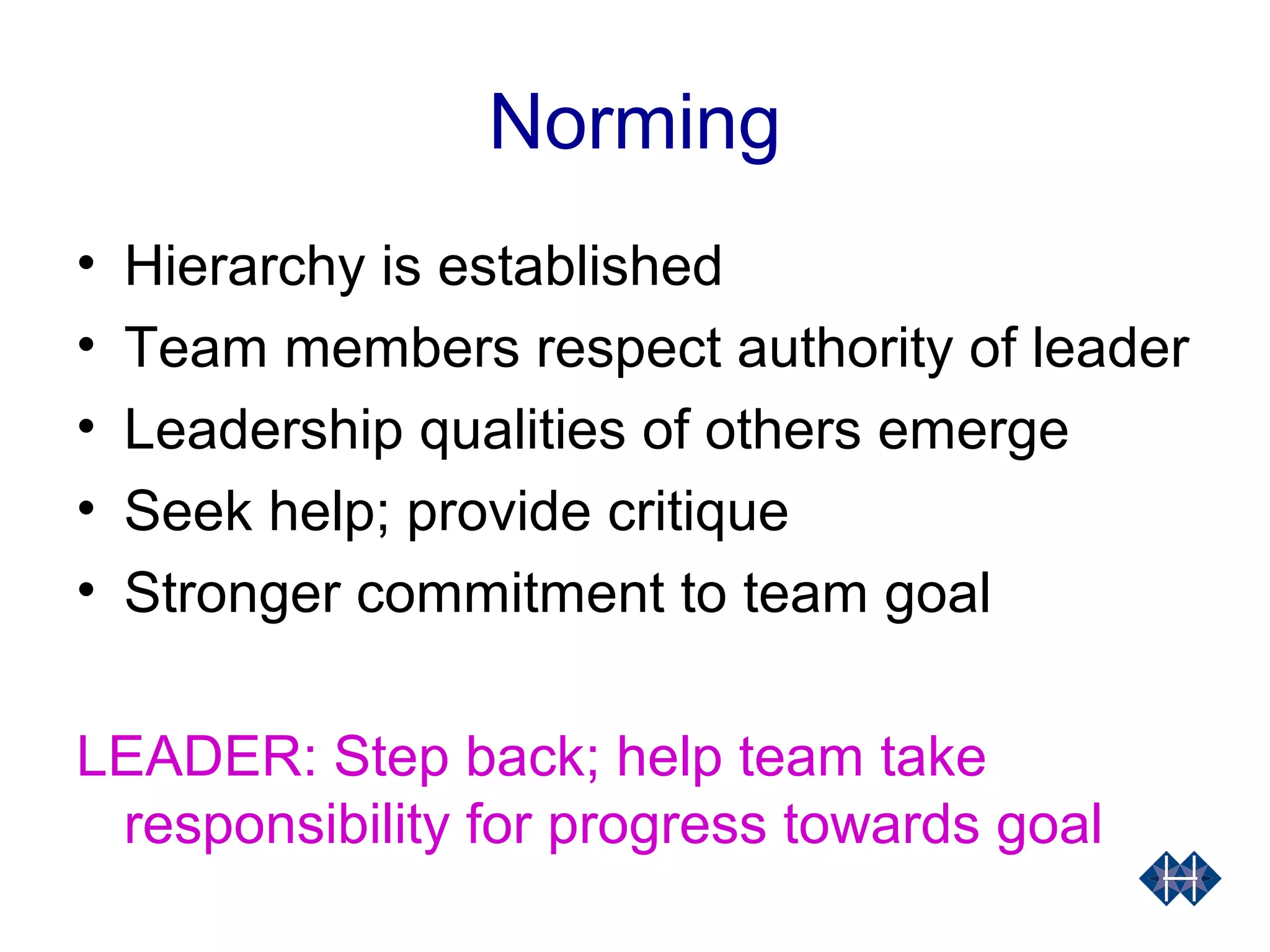 Norming
• Hierarchy is established
• Team members respect authority of leader
• Leadership qualities of others emerge
• Seek help; provide critique
• Stronger commitment to team goal
LEADER: Step back; help team take
responsibility for progress towards goal
 