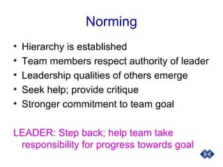 Norming
• Hierarchy is established
• Team members respect authority of leader
• Leadership qualities of others emerge
• Seek help; provide critique
• Stronger commitment to team goal
LEADER: Step back; help team take
responsibility for progress towards goal
 