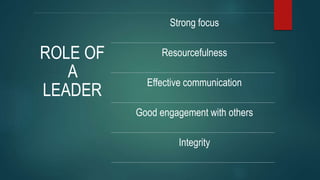 ROLE OF
A
LEADER
Strong focus
Resourcefulness
Effective communication
Good engagement with others
Integrity
 