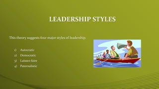 LEADERSHIP STYLES
This theory suggests four major styles of leadership.
1) Autocratic
2) Democratic
3) Laissez-faire
4) Pa...