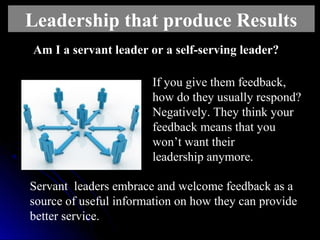 Am I a servant leader or a self-serving leader?Am I a servant leader or a self-serving leader?
Leadership that produce Res...