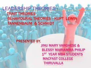 LEADERSHIP THEORIES :
TRAIT THEORIES
BEHAVIOURAL THEORIES –KURT LEWIN
TANNENBAUM & SCHMIDT
PRESENTED BY,
JINU MARY VARGHESE &
BLESSY MARIAMMA PHILIP
1ST YEAR MBA STUDENTS
MACFAST COLLEGE
THIRUVALLA
 