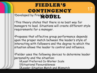 17 
FIEDLER’S 
CONTINGENCY 
•Developed by Fred MODEL 
E. Fiedler. 
•This theory states that there is no best way for 
mana...