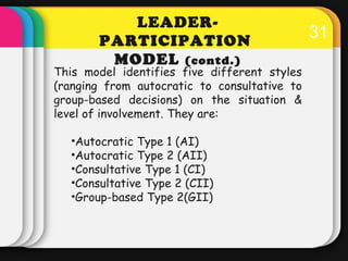 31 
LEADER-PARTICIPATION 
MODEL (contd.) 
This model identifies five different styles 
(ranging from autocratic to consult...
