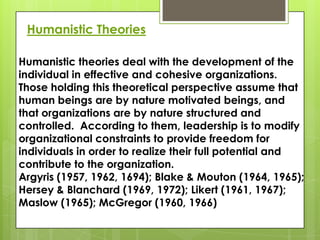 Humanistic Theories

Humanistic theories deal with the development of the
individual in effective and cohesive organizatio...